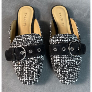 Talbots Stella Buckle Boucle Tweed Mules Size 6‎ Black White